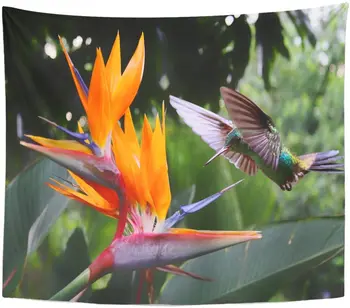 

Tapestry Yellow Trinidad Flying Hummingbird at Strelitzia Flower Orange Tobago Tapestries Wall Hanging for Living Room Bedroom