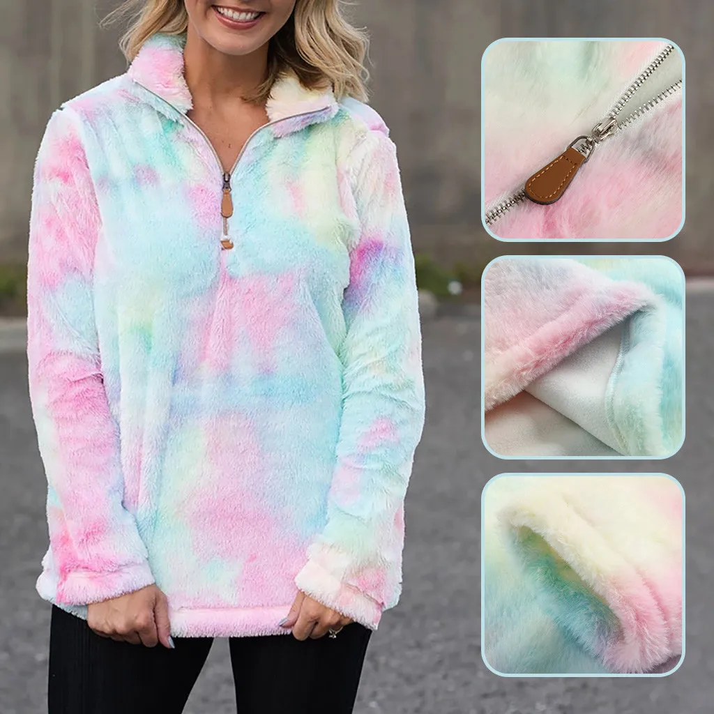Женская Толстовка Sudadera de mujer Женская разноцветная искусственная шерсть воротник с длинными рукавами на молнии Толстовка Пуловер% 16