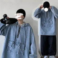 

Cotton Hooded Denim Jacket Men's Fashion Pocket Tooling Hooded Denim Jackets Mens Streetwear Loose Hip-hop Bomber Jacket Men