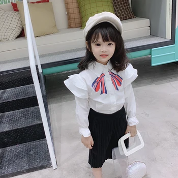 

Spring girls blouse baby shirt kids tops children brand clothes white ruffle neck petal cuff bow lacing 2-7 baby girls clothes