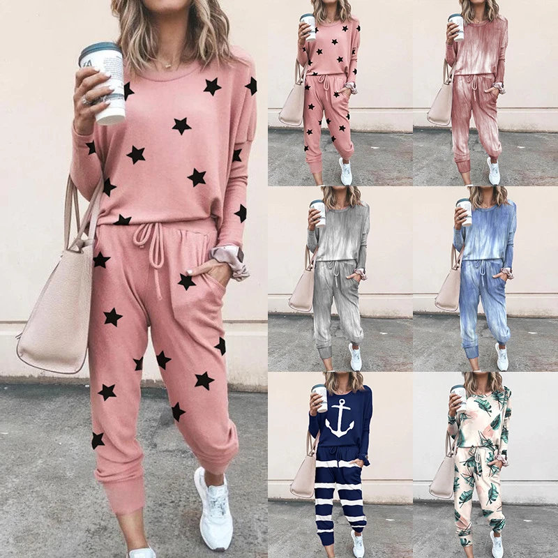 

2020 Spring Autumn 2 Piece Set Tracksuit Women Print Flowers Tie Dye Two Piece Set Top And Long Pants Set Casual Suits Outfits