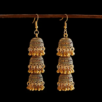 Retro Indian Bollywood Kundan Jhumka Jhumki Three-layer Drop Earrings For Women Boho Ethnic Gypsy Fashion Wedding Wear Jewelry
