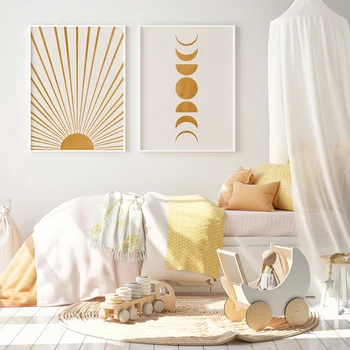 

Sun and Moon Print Yellow Beige Boho Abstract Art Canvas Painting Picture Mid Century Poster Minimalist Home Wall Art Decoration