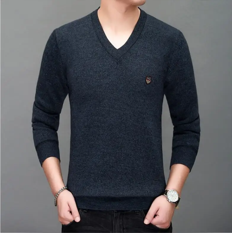 Длинный рукав толстый свитер мужской осень и зима плюс бархатный свитер сплошной цвет среднего возраста мужской v-образный вырез пуловер свитер