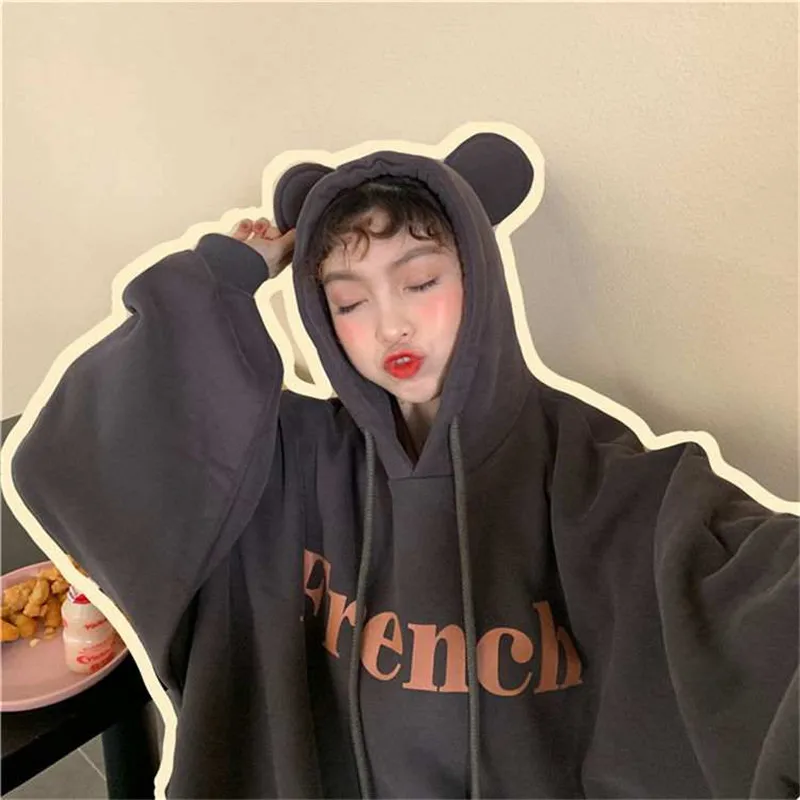 

Pullover 2020 autumn and winter new cute rabbit ears college style hooded loose long long plus velvet thick coat women