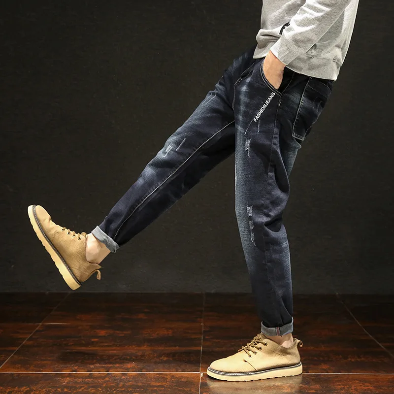 Мужские джинсы больших размеров, эластичные свободные зауженные джинсы-шаровары, хлопковые дышащие джинсы, мешковатые джоггеры, повседневные брюки 42 джинсы