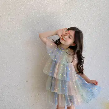 

Wholesale Girl Sequins Rainbow Dress 2020 Summer Colorful Star Girl Princess Dress Gauze Layered Cake Dress Kids Clothes E20070