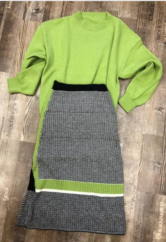 Комплекты свитеров ярких цветов Осенние новые свободные трикотажные пуловеры с круглым вырезом и Лоскутная клетчатая облегающая юбка-карандаш комплекты из 2 предметов - Цвет: Зеленый