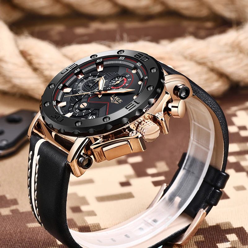 LIGE Neueste Leder Herrenuhr, топ, роскошный, для милитари, спортивный, для мужчин, с хронографом, Relogio Masculino