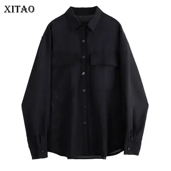 

XITAO Pleated Elegant Black Blouse Fashion New Single Breast Full Sleeve Turn Down Collar 2019 Winter Loose Shirt DMY2070