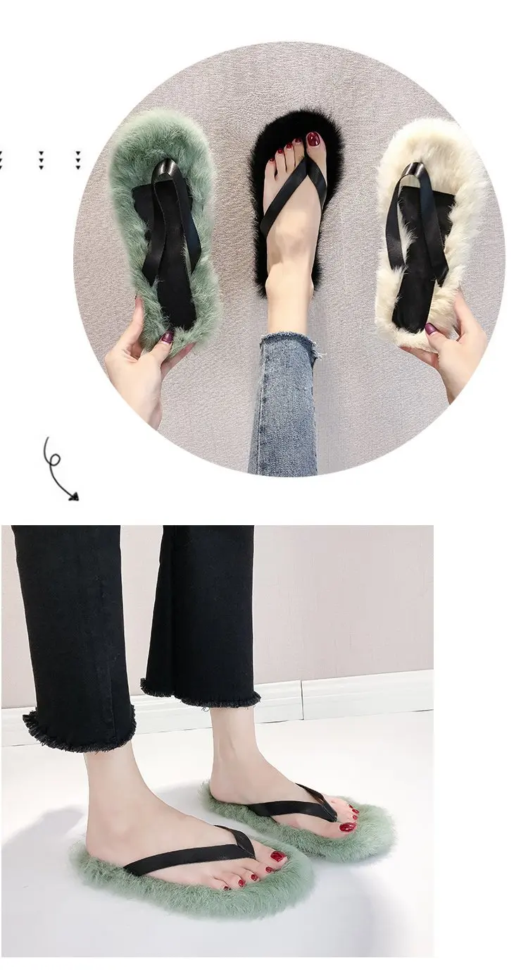 Модные тапочки их меха под кролика на плоской подошве; меховые тапочки; Zapatos De Mujer Ins; шлепанцы; женские Тапочки