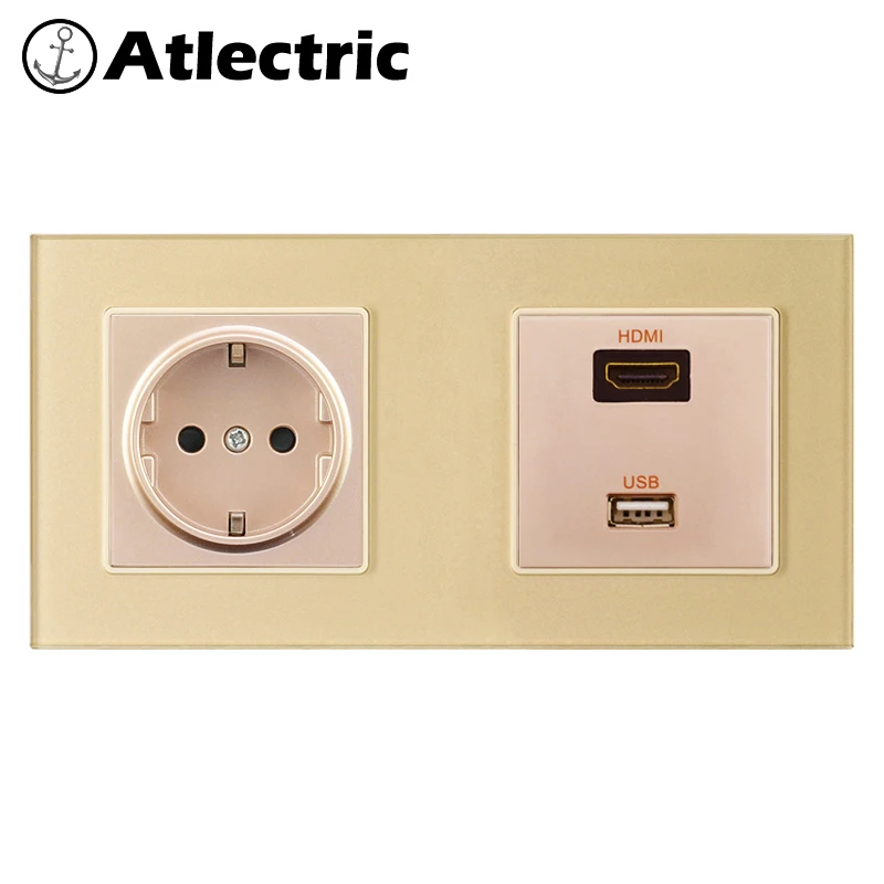 Atlectric EU DE Plug Power Socket HDMI HD Television USB Data Port Wall Double Electrical Outlet Glass Panel