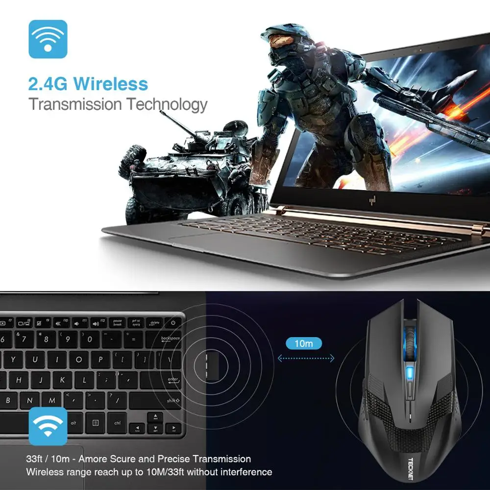 Pаспродажа Высокопрофессиональная беспроводная оптическая игровая мышь для компьютера TeckNet с USB и нано ресивером, высококачественный сенсор с разреше...
