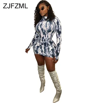 

Gradient Print Sexy 2 Piece Matching Set Women High Necked Long Sleeve T Shirt And Ruched Bandage Mini Skirt Casual Club Outfit