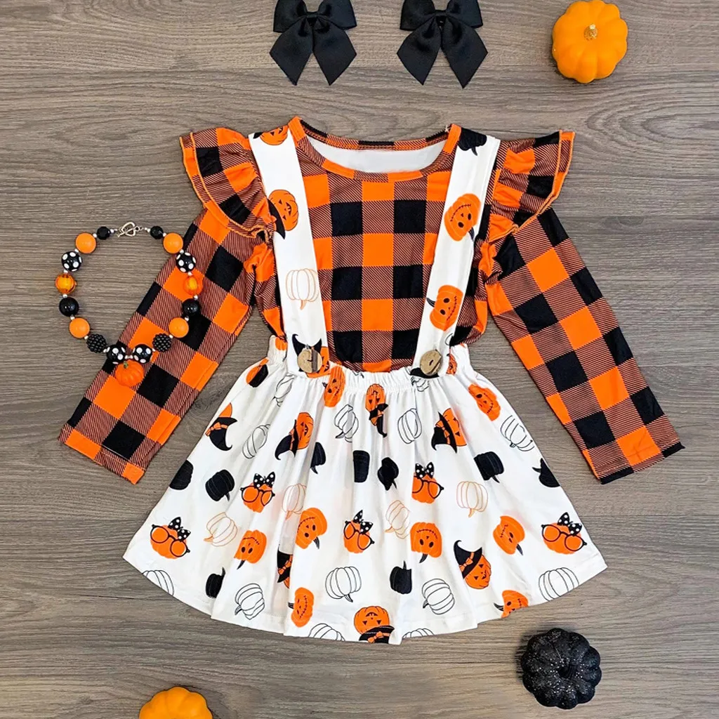 

Toddler Baby Girls Halloween Pumpkin Plaid Tops Overall Skirt Dress Set Fashion Dress Autumn Outfits Sets 9.2