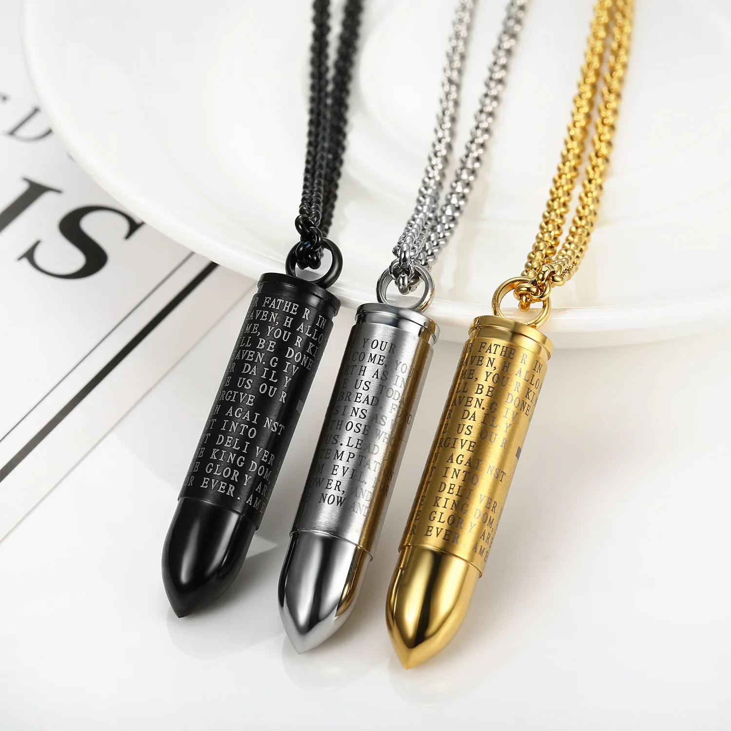 

Creative New Products Men Trend Accessories Europe And America Stainless Steel Cross Shelf Scriptures Pendant Bullet Necklace