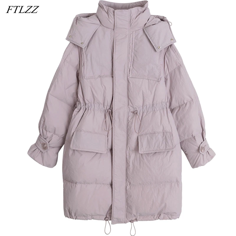 

FTLZZ Winter Thick Warm Hooded Long Jacket Women 90% White Duck Down Purple Coat Female Feather Parkes Waist Retractable Outwear