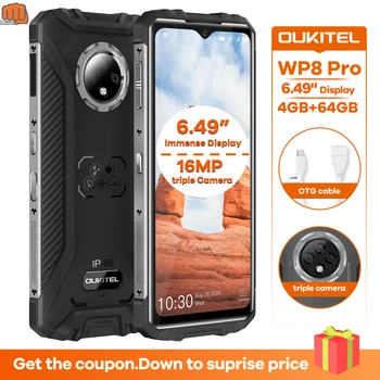Перейти на Алиэкспресс и купить Новый OUKITEL WP8 Pro 4 Гб 64 Гб NFC IP68 прочный спортивный телефон 6,49 ''отпечаток пальца Android 10 5000 мАч 16MP Тройная камера смартфон