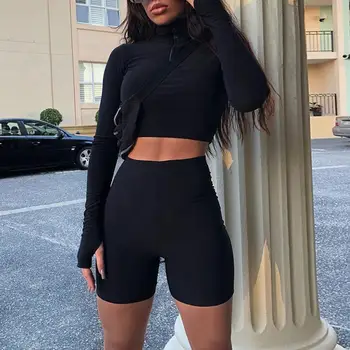 

2 Piece Set Women Clothing Set Fitness Solid Color Zip Long Sleeve Crop Top Gym High Waist Shorts Cycling Set Female Tracksuit