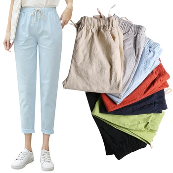 

Summer Pencil Pants Women Cotton And Linen Trousers Loose Women Harem Elastic Waist Mid Waist Drawstring Casual Pants