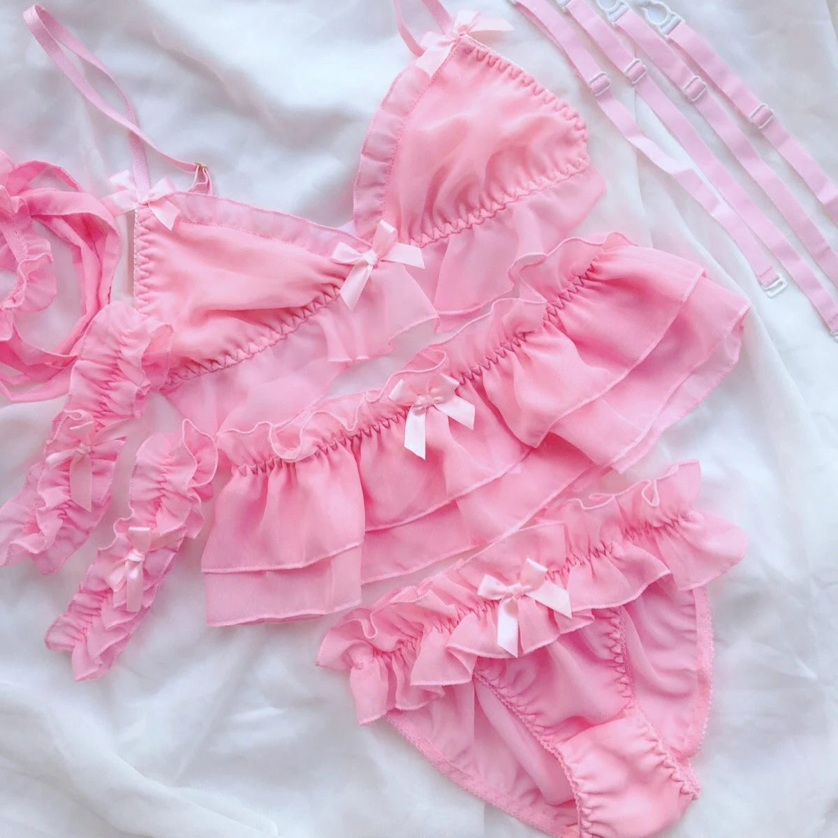 Персиковый Розовый Милый гофрированный ночная рубашка сексуальная тесемка подвязка белье пижамы наборы женские Kawaii горничной косплей кукла