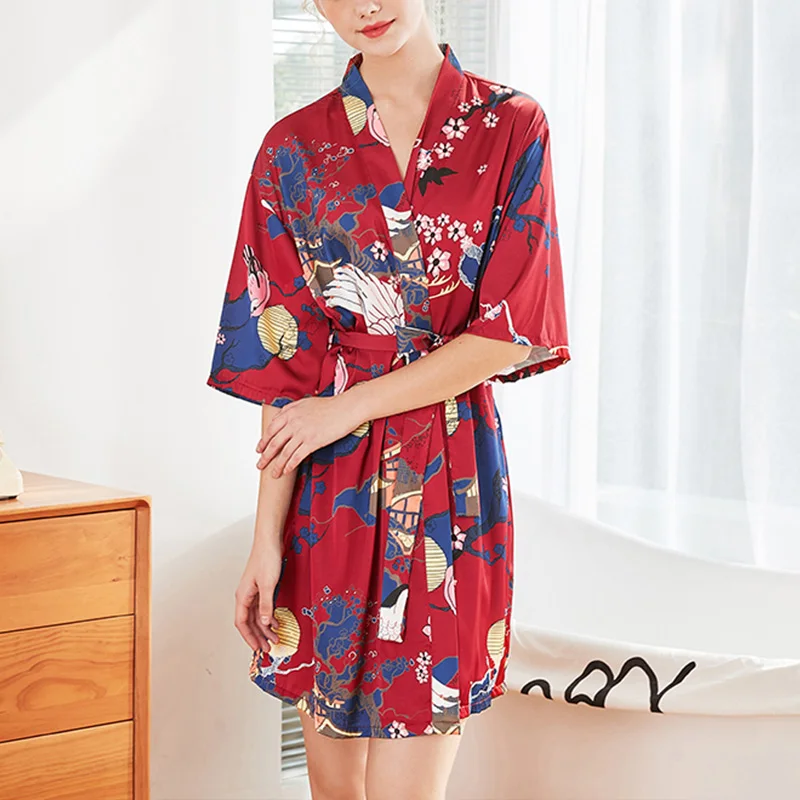 

Thin Lace-up Comfy Women Silk Sleepwear Spring Autumn Floral Print Half Sleeve Sexy V Neck Loose Home Robe Kimono Bathroom wear