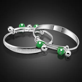 

Children Baby 100% 925 Sterling Silver Bracelet Smooth Bangle Green Stone Pendant Bell Bracelet Fine Jewelry Gift