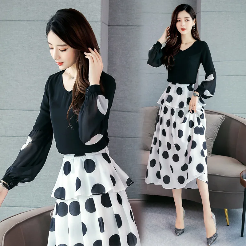 

2019 Autumn Clothing New Style WOMEN'S Dress Popular Skirt Elegant Korean-style French Polka Dot Long Sleeve Mid-length Dress Fa