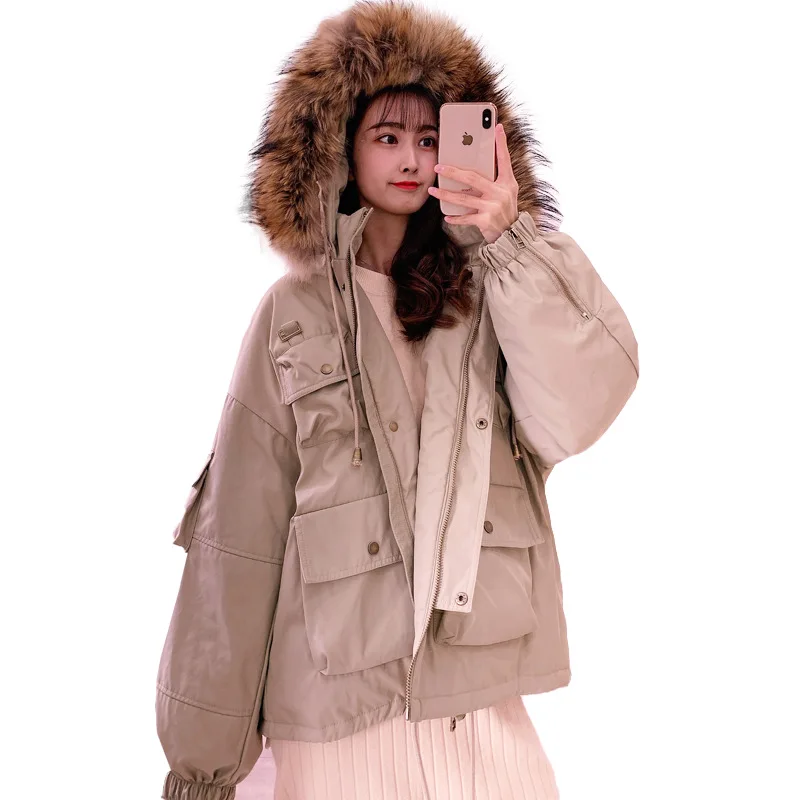 

Down jacket hooded 2020 New Korean female Short style loose fashion Real Raccoon big fur collar parker working suit