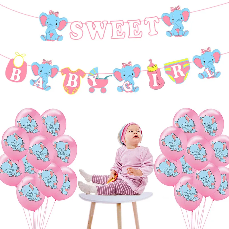 

Cute Elephant Balloons Confetti Latex Balloon Happy Birthday Baby Shower Decoration Banner Boy Girl Gender Reveal Party Supplies