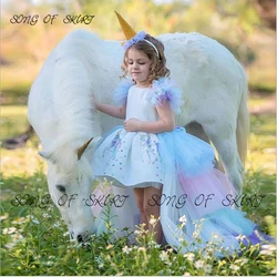 Rainbow Stitching Colors Detachable Trailing Flower Girl Dresses High Low Print Hollow Backless Mini Wedding Party Gown