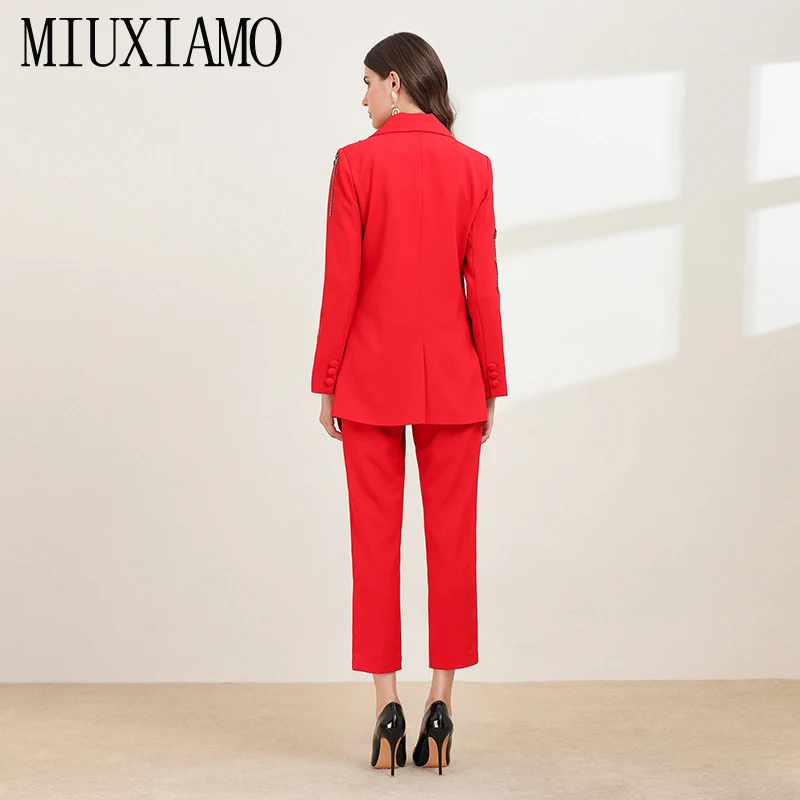 MIUXIMAO, высокое качество, осенняя мода, отложной воротник, длинный рукав, красная куртка+ длинные штаны, офисный женский костюм