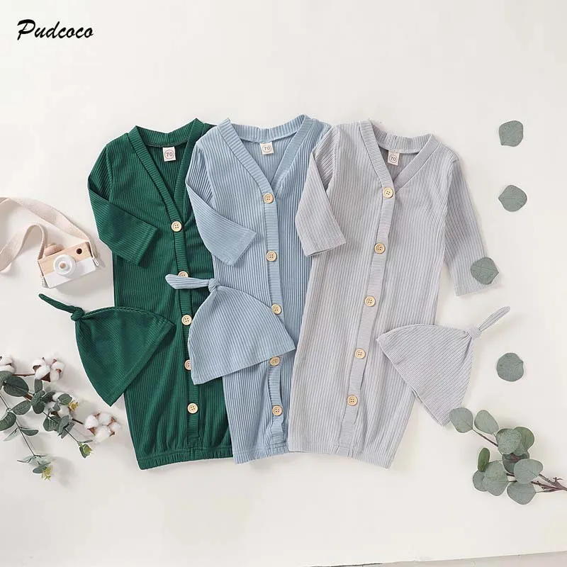 

2020 Unisex Infant Knitted Sleeping Bag Newborn Baby Swaddle Wrap Long Sleeve Button Blanket Hat Sleepwear Boys Girl 2Pcs Spring