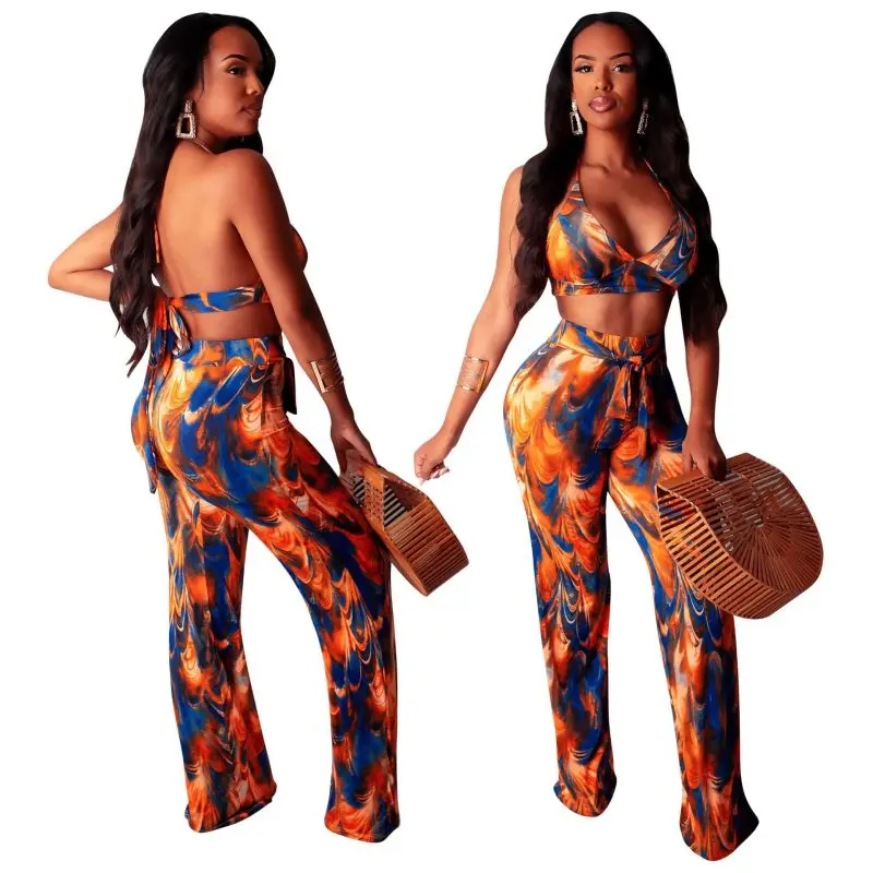 YOZIHAYL/пикантные женские комплекты одежда для пляжной вечеринки, летний Модный укороченный топ с v-образным вырезом и прямые штаны, цветочный