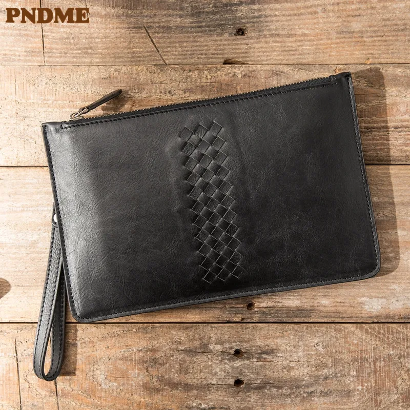 

PNDME fashion casual genuine leather men's clutch bag vintage woven soft cowhide black passport cover card holder phone wallet