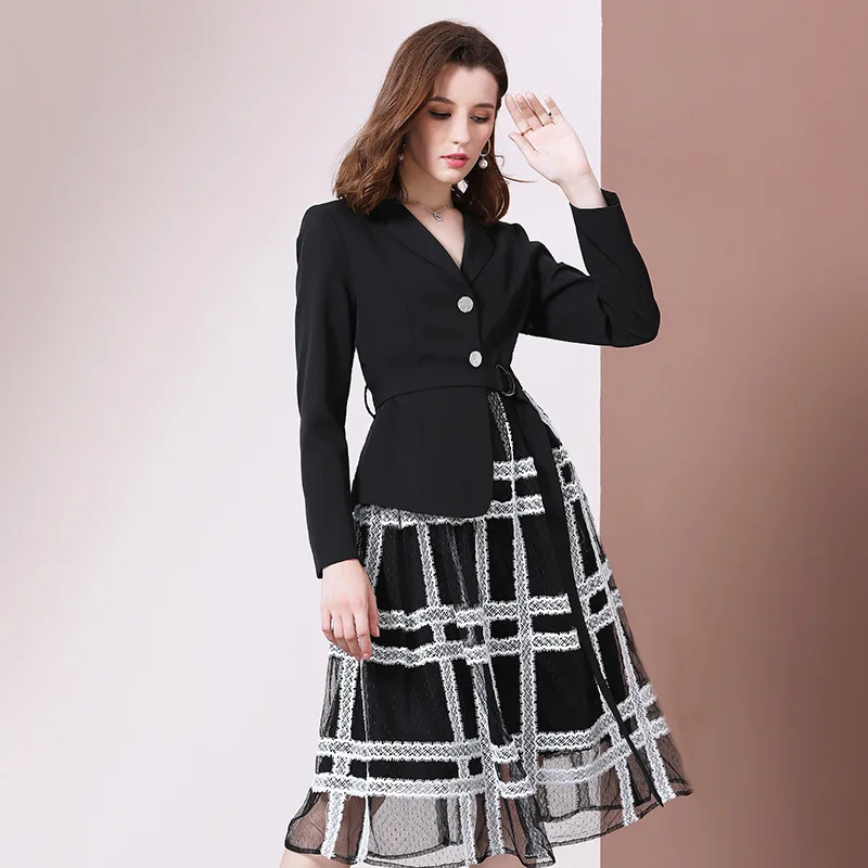 

Shetelisi Patchwork Women Dress with Embroidery Casual False-Two Piece Dresses for Slim Fit Sweet Girl St19038