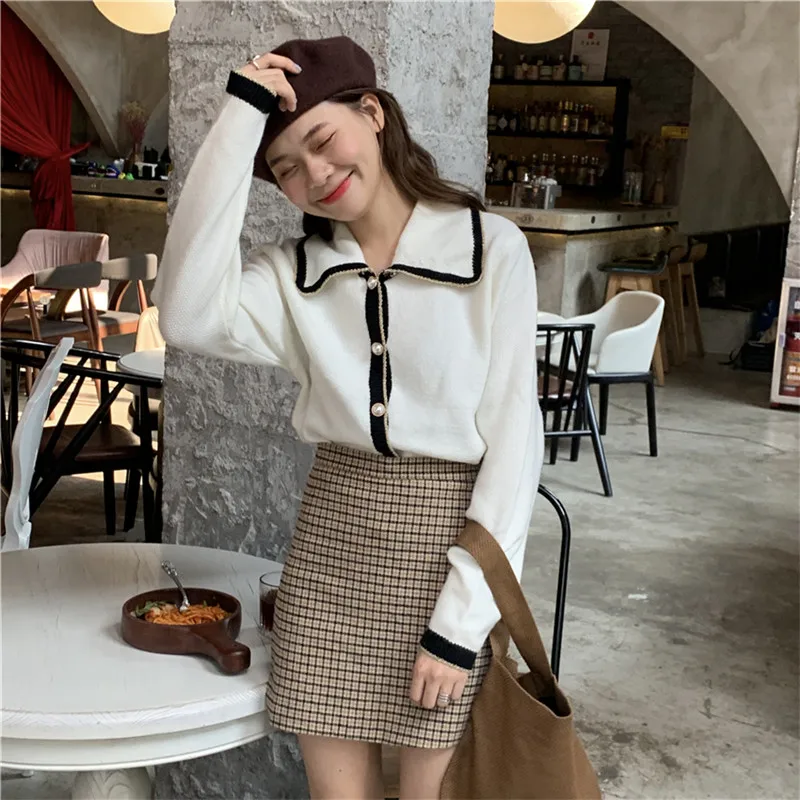 RUGOD women's sweater cardigans turn down collar single breasted long sleeve patchuwork knit coat fashion female elegant