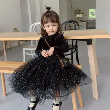 Милое осенне-зимнее платье принцессы для маленьких девочек с вышивкой из сетчатой ткани и бархата; милое детское платье с длинными рукавами; От 1 до 7 лет