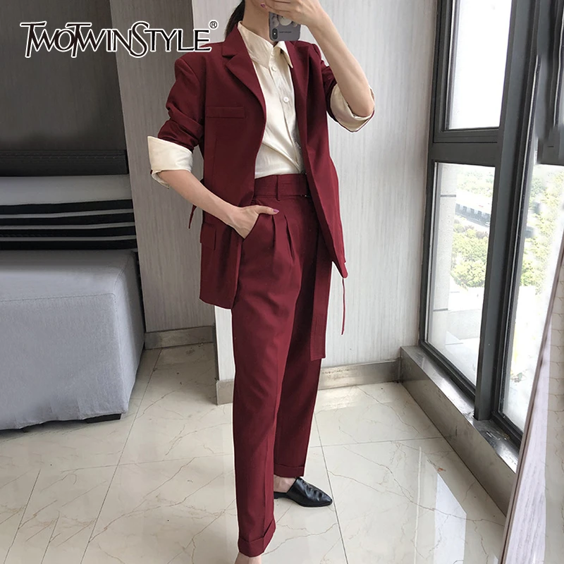 

TWOTWINSTYLE Elegant Two Piece Sets Women Lapel Collar Long Sleeve Lace Up Hit Color Blazers High Waist With Sashes Suits Female