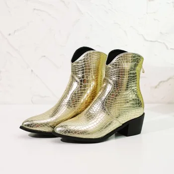 

2020 New Autumn Winter Crocodile Pattern Leather Retro pointed Toe Zipper Ankle Boots Square Heel Women Shoes Size 32-43
