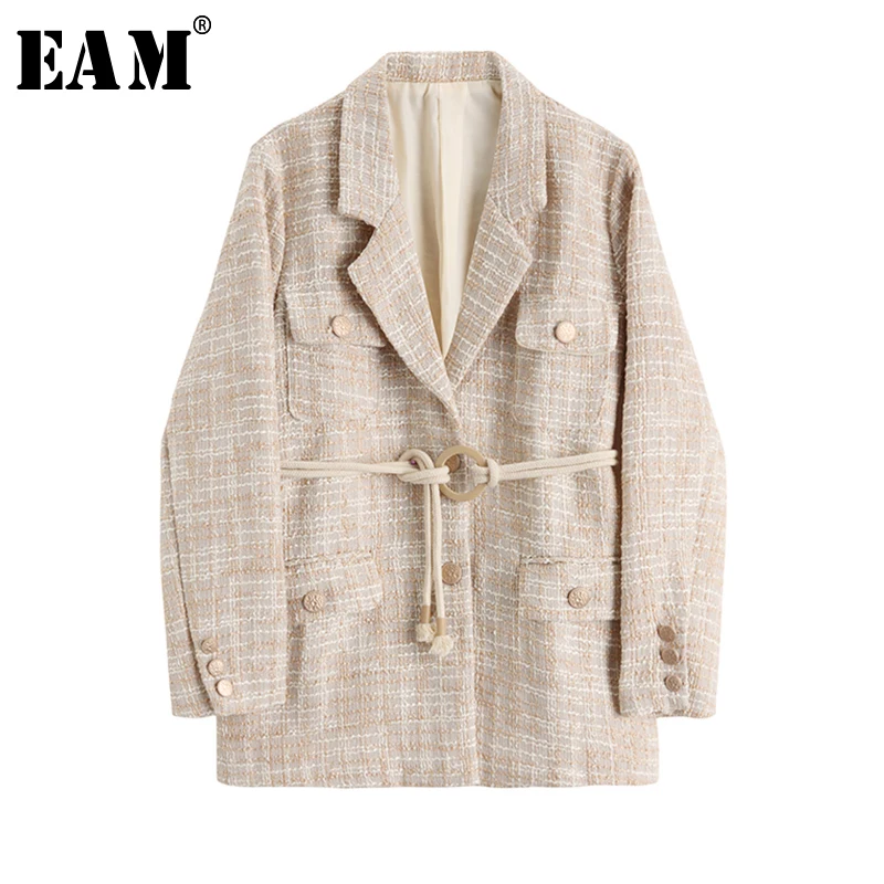 

[EAM] Loose Fit Tweed Bandage Apricot Temperament Jacket New Lapel Long Sleeve Women Coat Fashion Tide Spring 2020 1S355