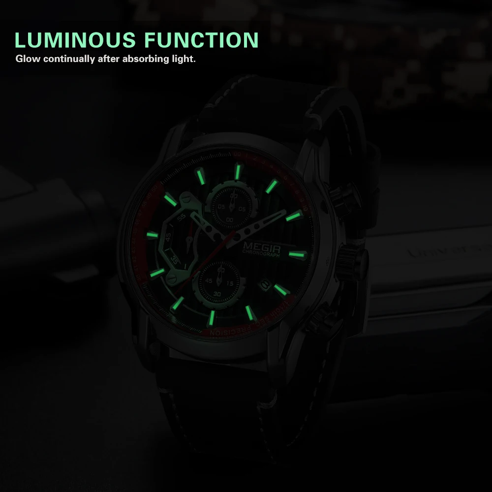 Megir New Fashion Mens Watches Waterproof Luminous Sports Wrist Watch Man Leather Chronograph Quart-2