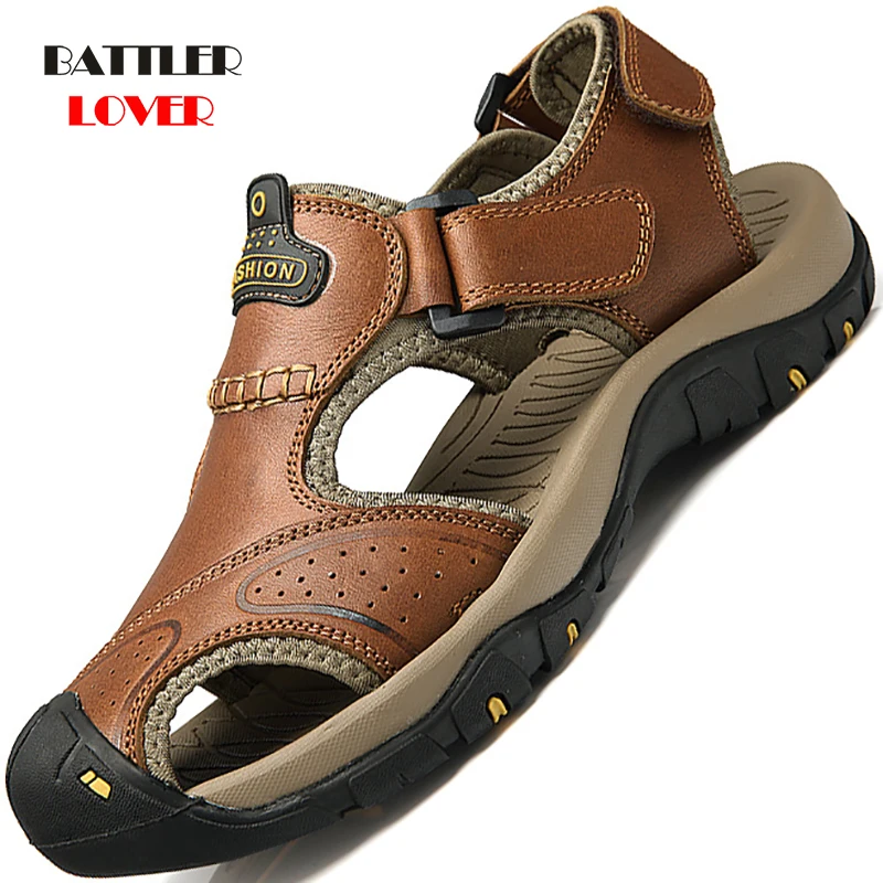 Male Shoes Genuine Leather Men Sandals Hook&Loop Walking Gentleman Beach Sandals Hommes Fashion Outdoor Sandales Casual Sneakers