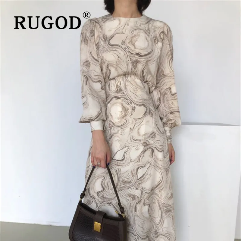 RUGOD 2020 весеннее корейское Платье макси с абстрактным узором в стиле ретро топ