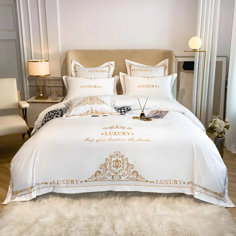 

Luxury Gold Embroidery Bedding Set White Cotton Satin Double Duvet Cover Bedspread Sheet Pillowcases Solid Color Home Textile