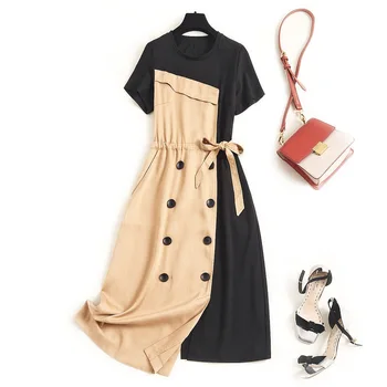 

Plus size women color block patchwork dress summer 2020 short sleeve double breasted asymmetric dresses black khaki