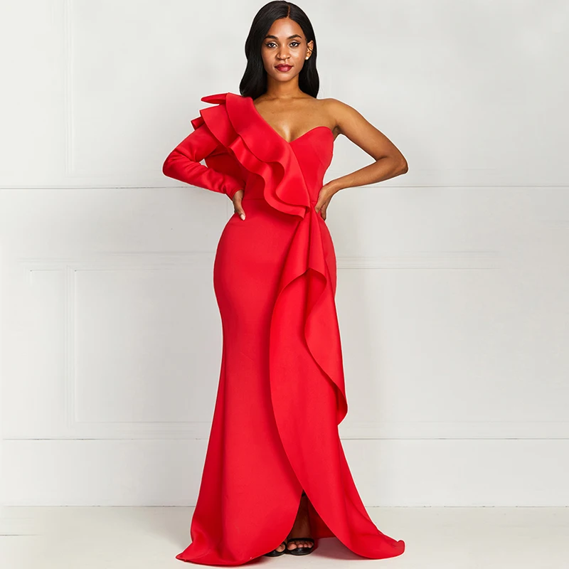 Элегантные вечерние платья в африканском стиле, сексуальные винтажные женские длинные платья, большие размеры, на одно плечо, без бретелек, с разрезом, с оборками, женское платье макси красного цвета