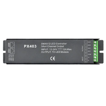 

PX403 12-24VDC 3A*4ch 144~288W RJ45 DIP Switch Constant Voltage DMX Decoder