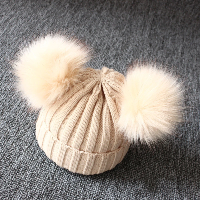beige baby hat Детская шапка, вязаный для новорожденных, шапка с помпоном, зимняя теплая шерстяная шапка для детей ясельного возраста, вязаные меховые шапки с помпонами для мальчиков и девочек, шапочки - Цвет: beige baby hat