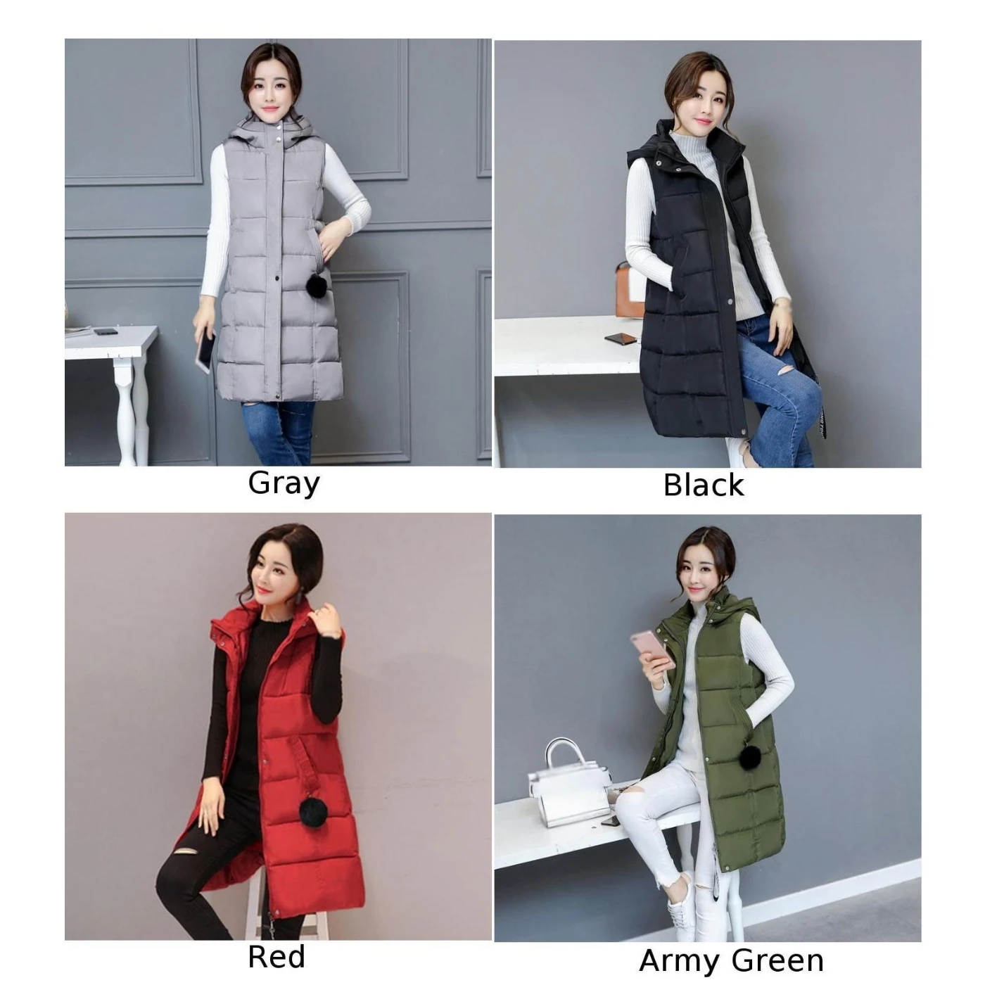 Women Hooded vest Pocket Zipper Button Coat Vest Waistcoat fashion slim solid color autumn Winter Warm outerwear ladies tops